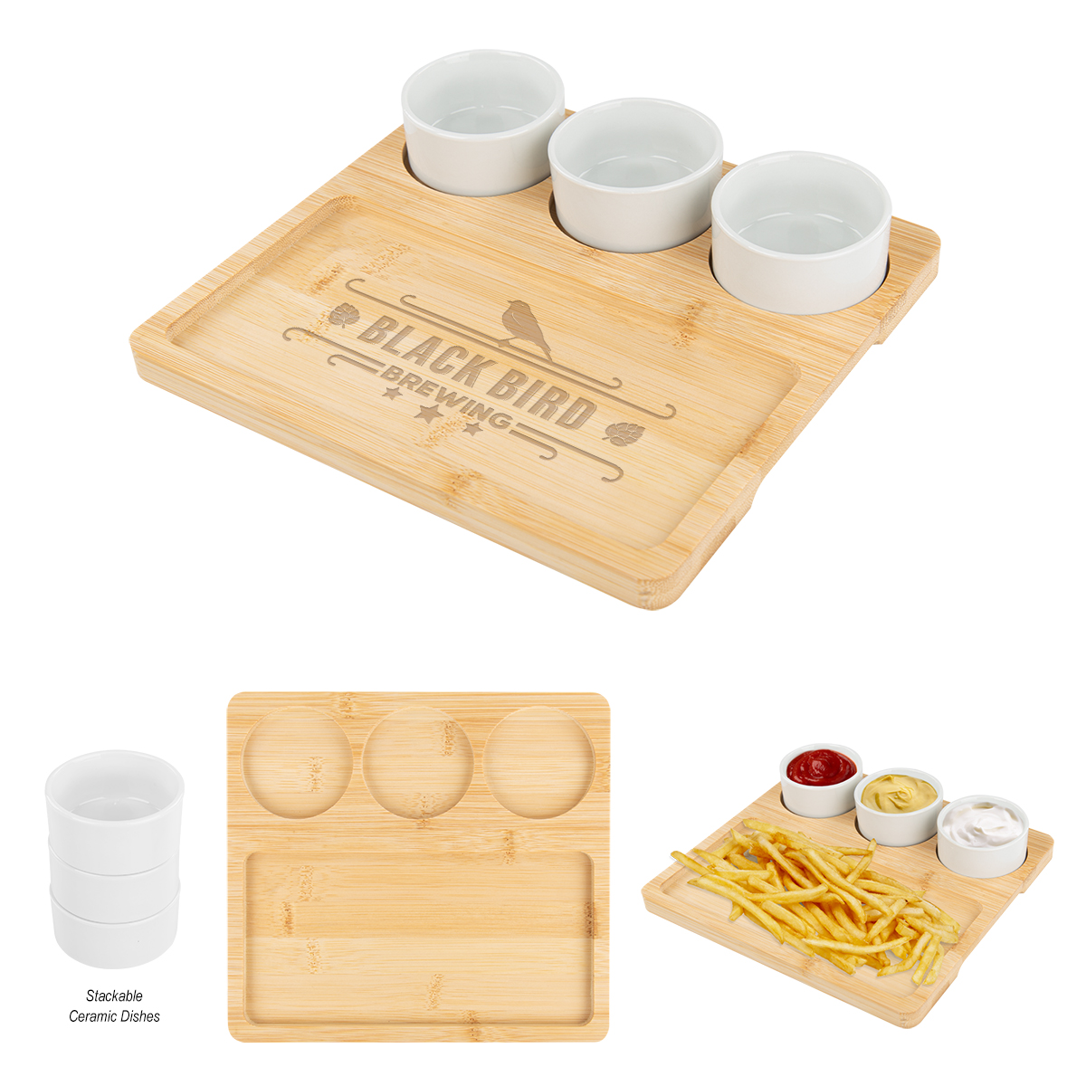 Bamboo Serving Tray With Ceramic Bowls